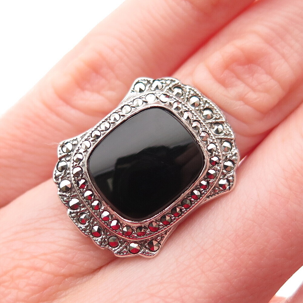 UNCAS 925 Sterling Antique Art Deco Real Black Onyx & Marcasite Ring Size 3.25